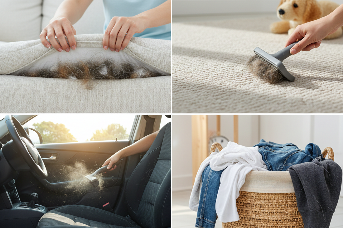 Pet hair on couch cushions carpet and car seat collage