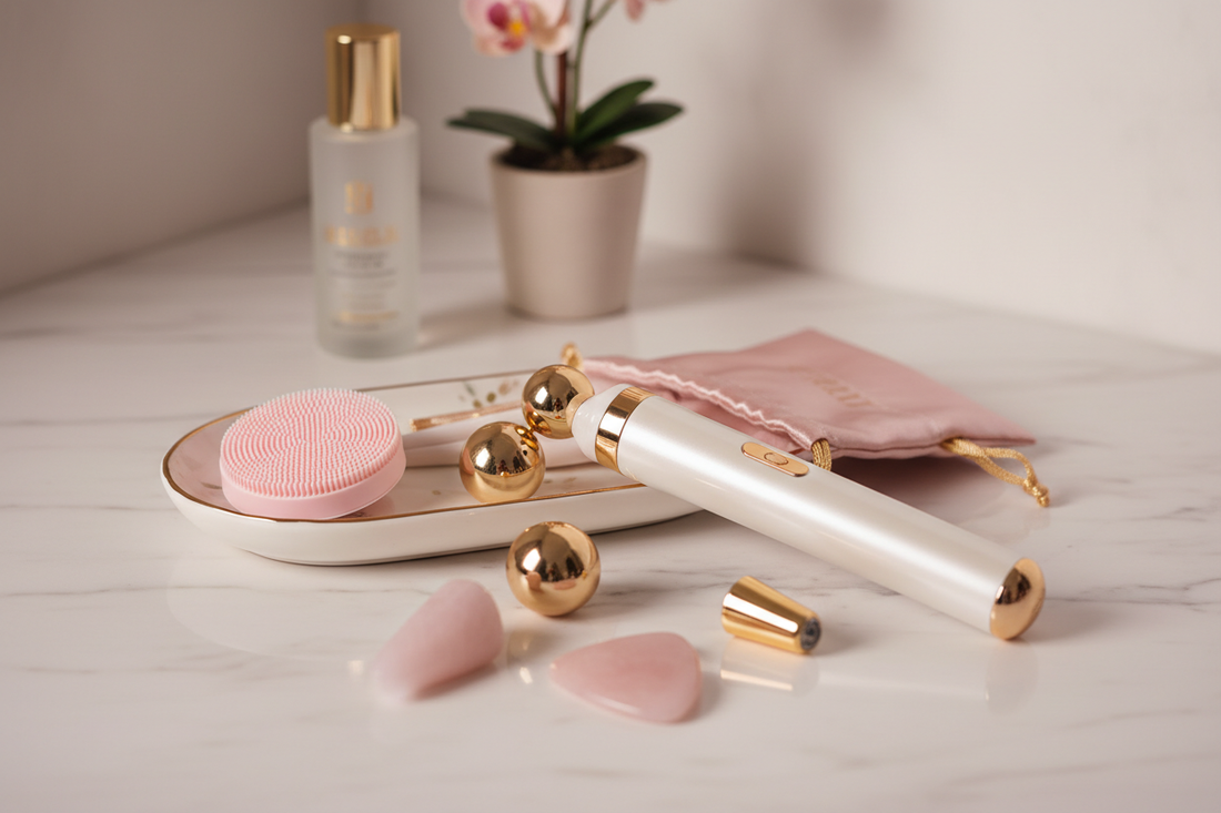 All-in-one skincare device on bathroom vanity with serums