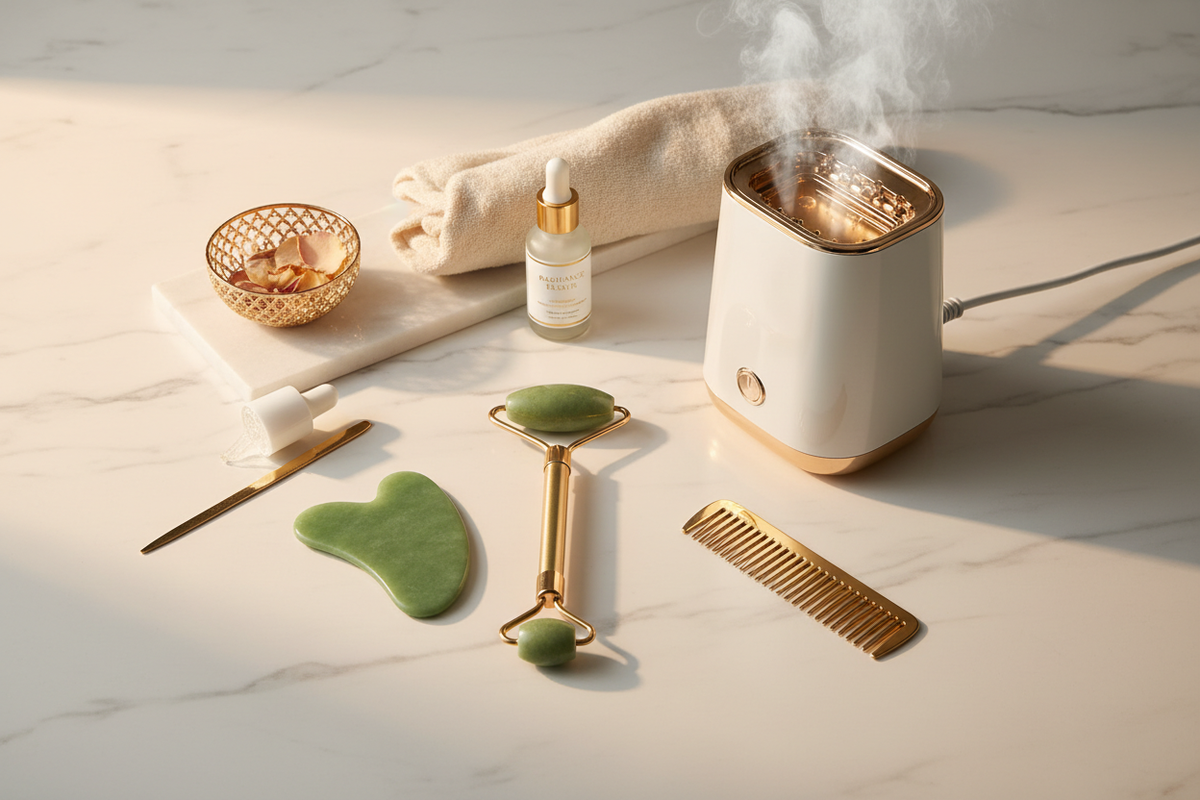 Collection of personal care spa devices including facial steamer and massager on marble tray