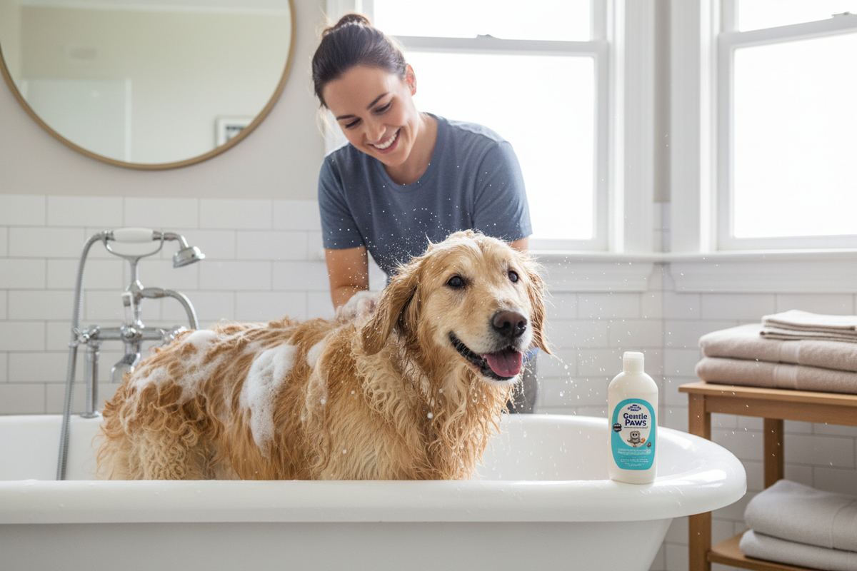 Dog being groomed at home with professional tools