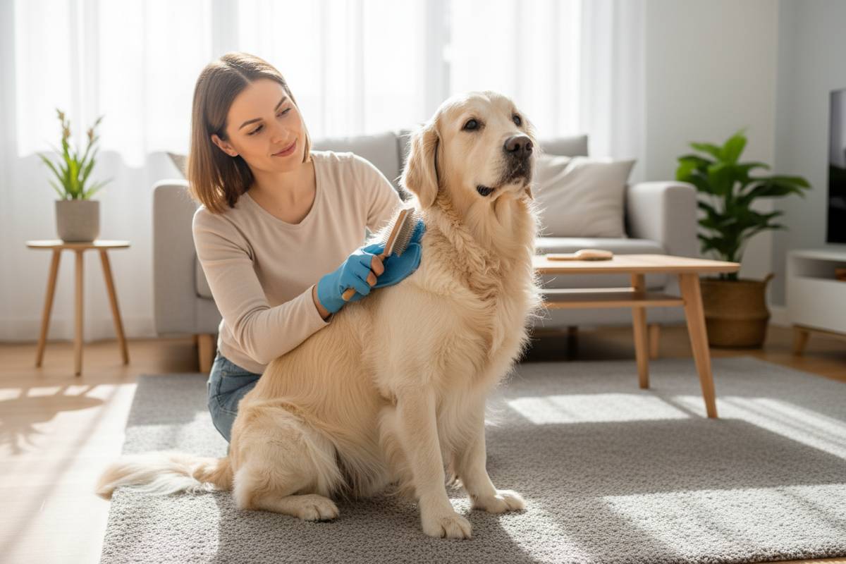 Person grooming dog with glove in clean living room