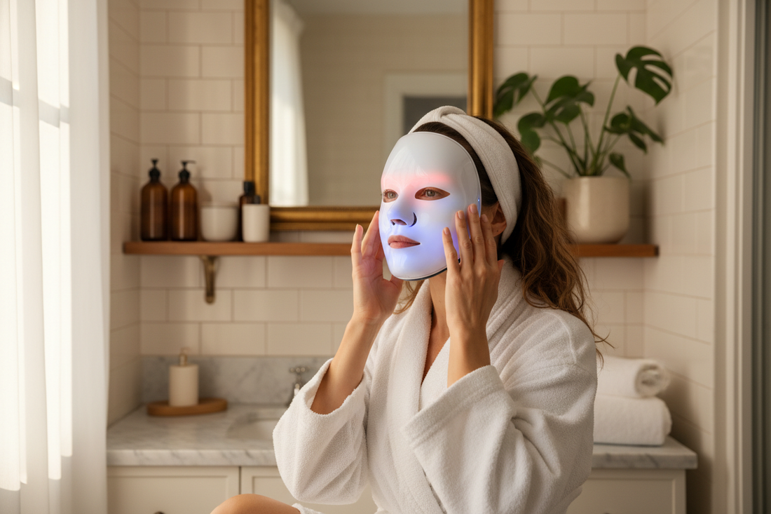 LED light therapy mask glowing red and blue on woman's face at home