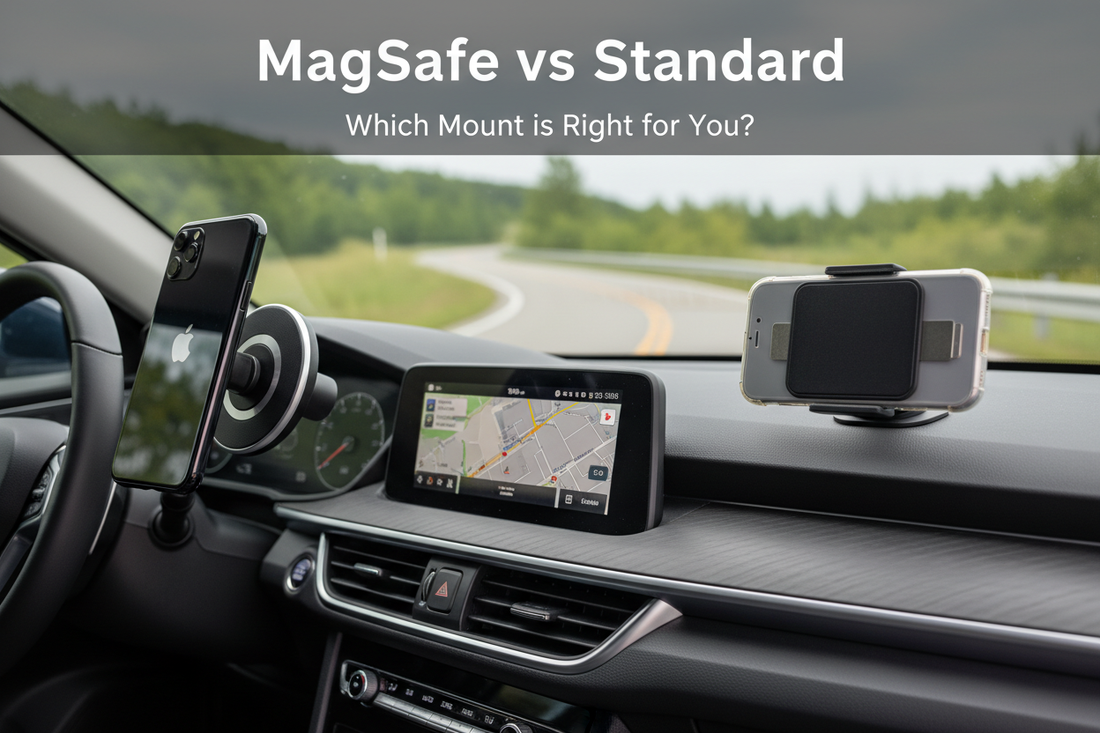 MagSafe and magnetic car mount holding iPhone on dashboard