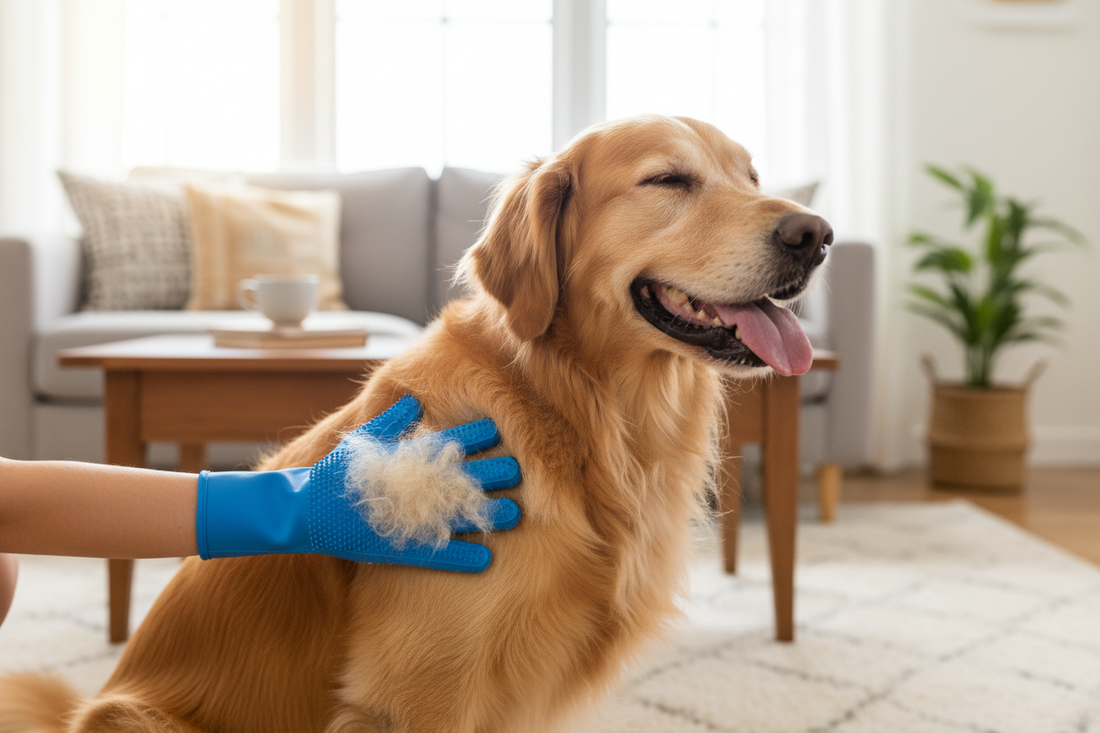 Silicone grooming glove collecting fur from golden retriever