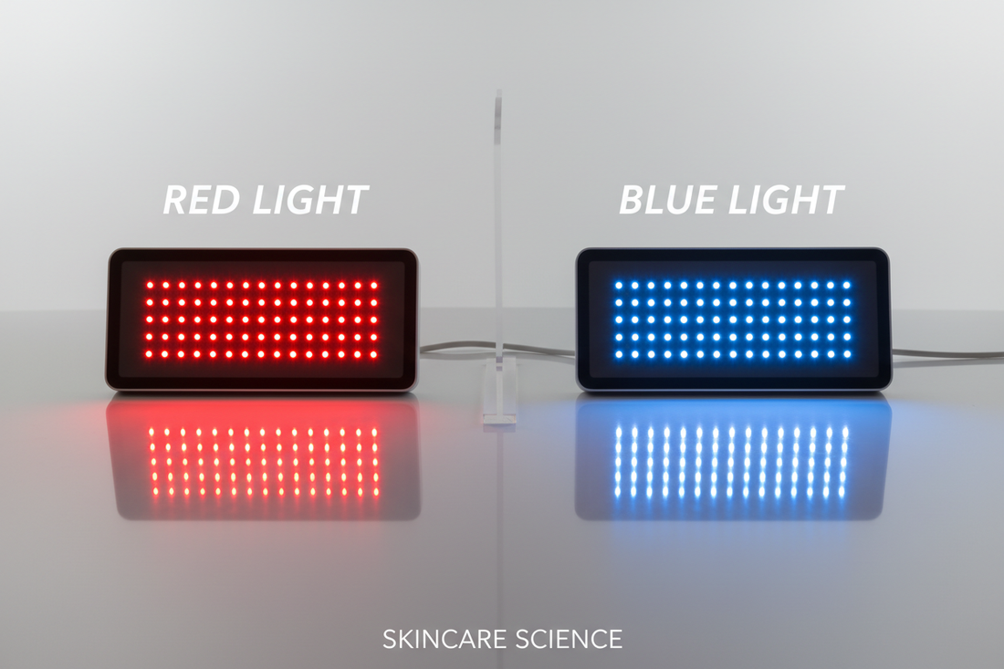 Red and blue LED light therapy devices side by side on white background