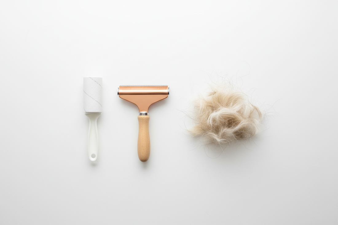 Reusable pet hair remover and lint roller on white surface
