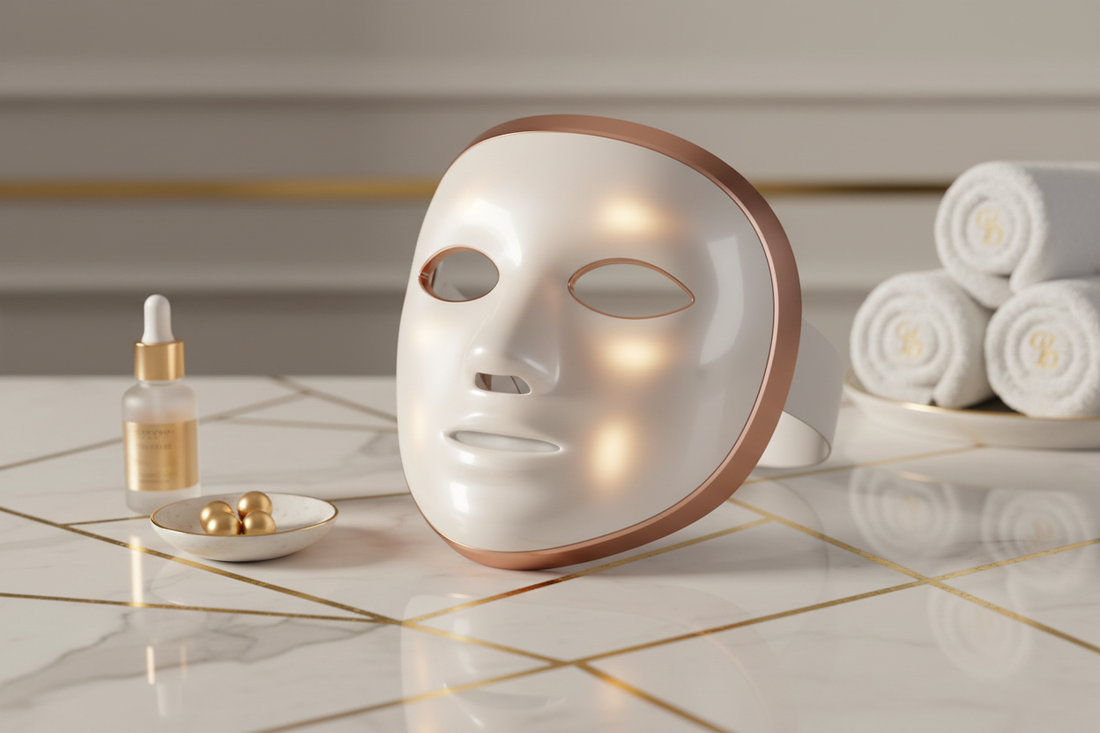 LED light therapy device glowing on woman's face for skincare treatment
