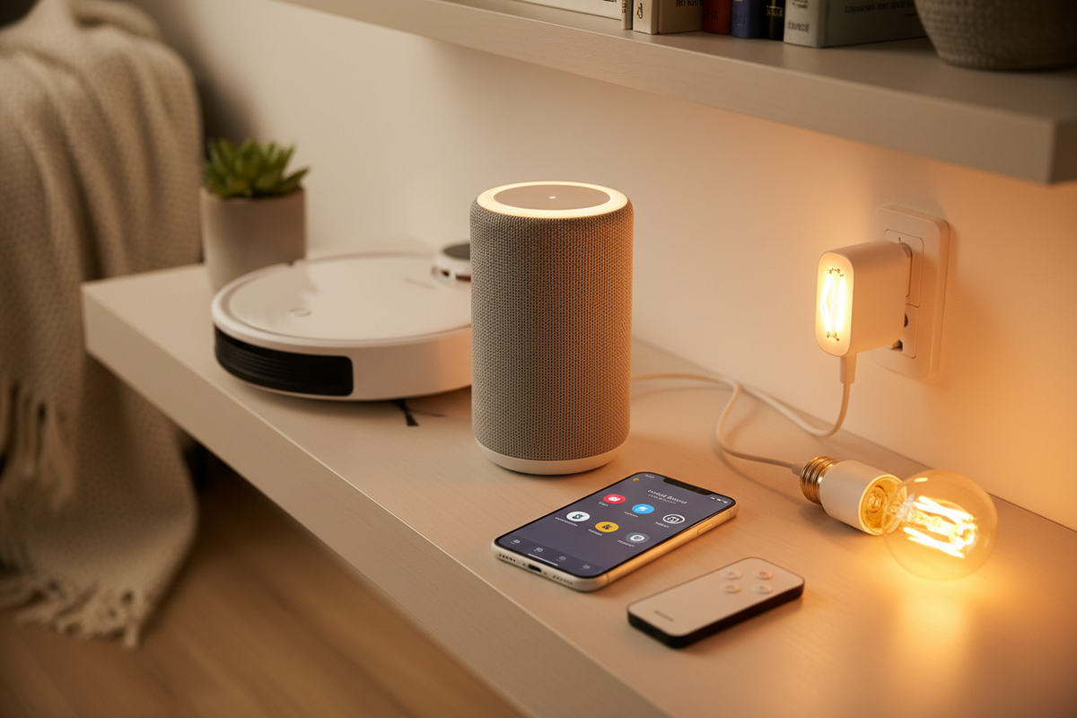 Smart home gadgets including robot vacuum smart speaker and LED strip lights in modern living room
