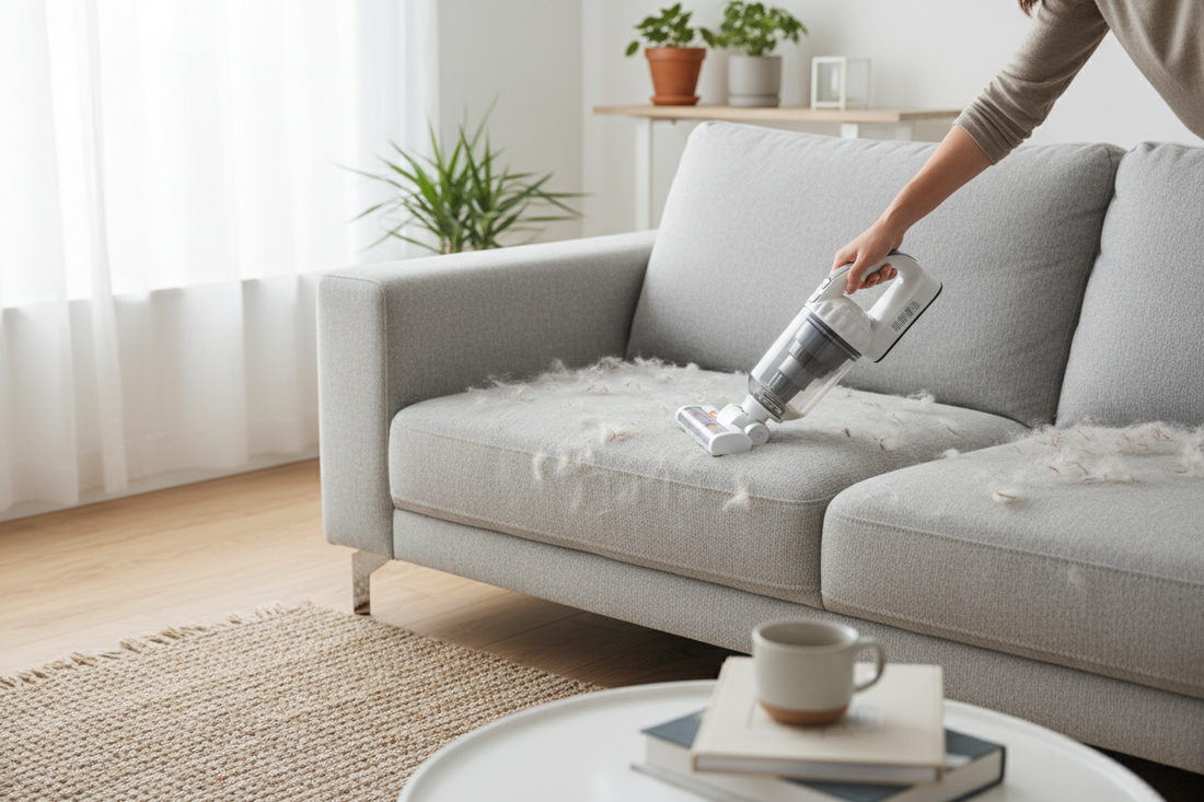 Person vacuuming pet fur off couch with handheld vacuum