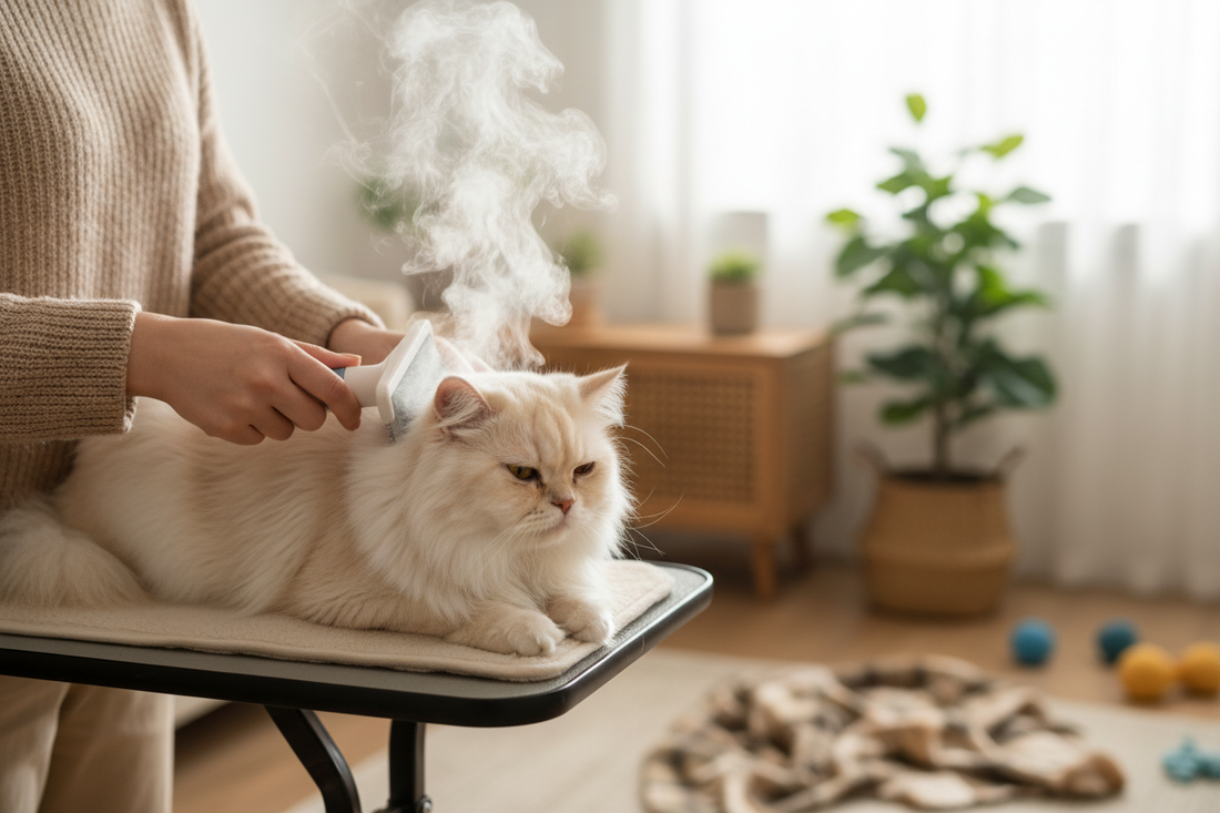 Steam grooming tool used on calm fluffy cat