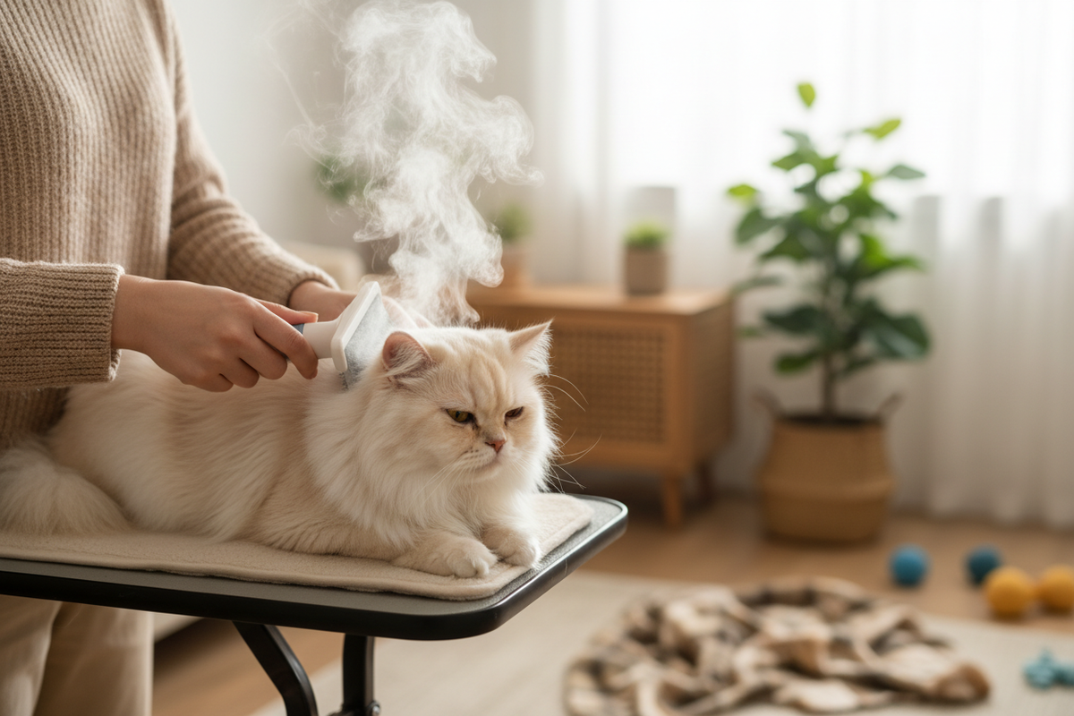 Steam grooming tool used on calm fluffy cat