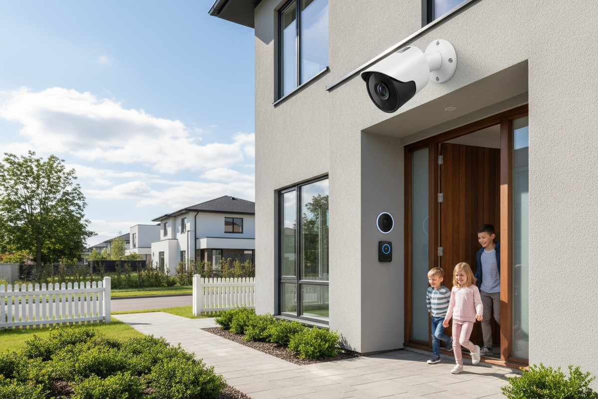 WiFi security camera mounted indoors showing live feed on smartphone app