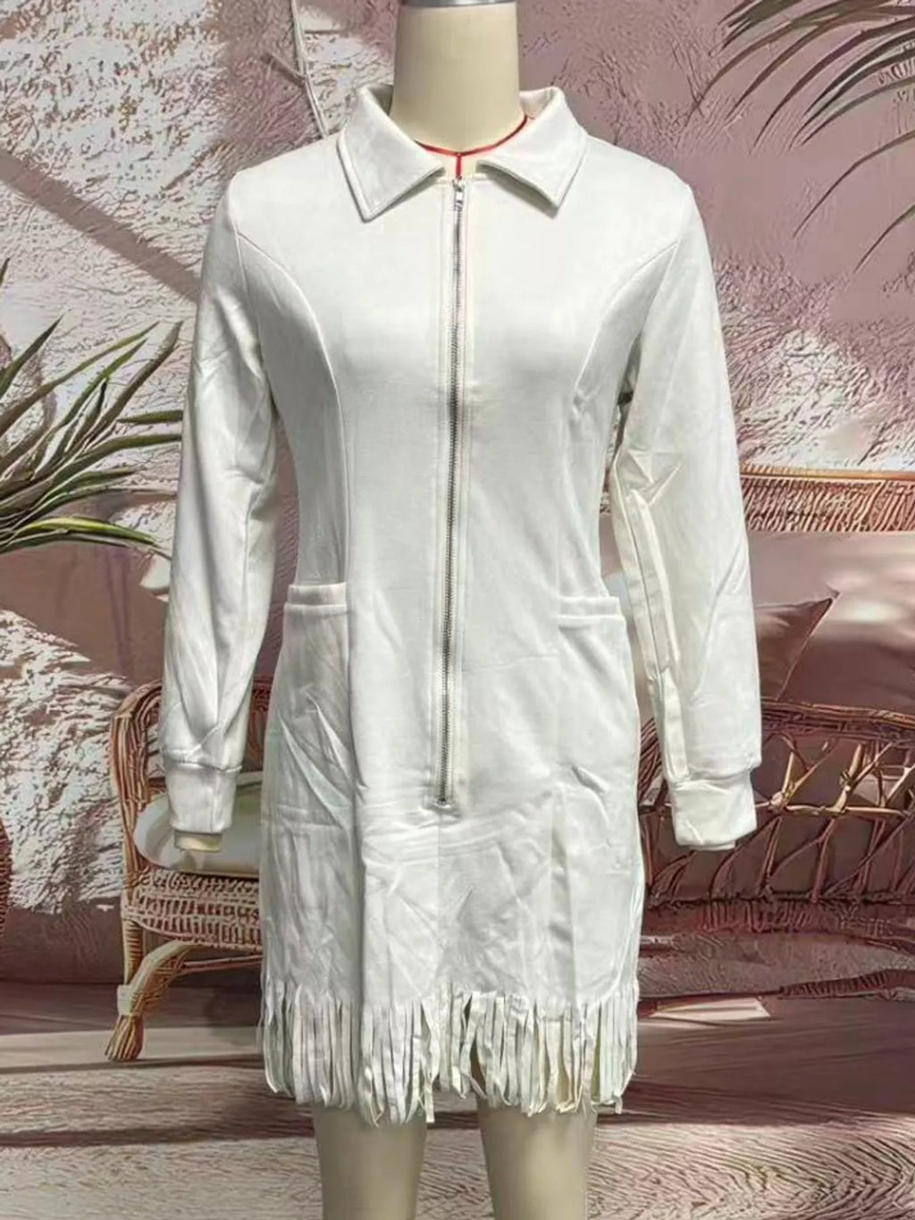 Zip-Front Long-Sleeve Fringe-Hem Mini Dress