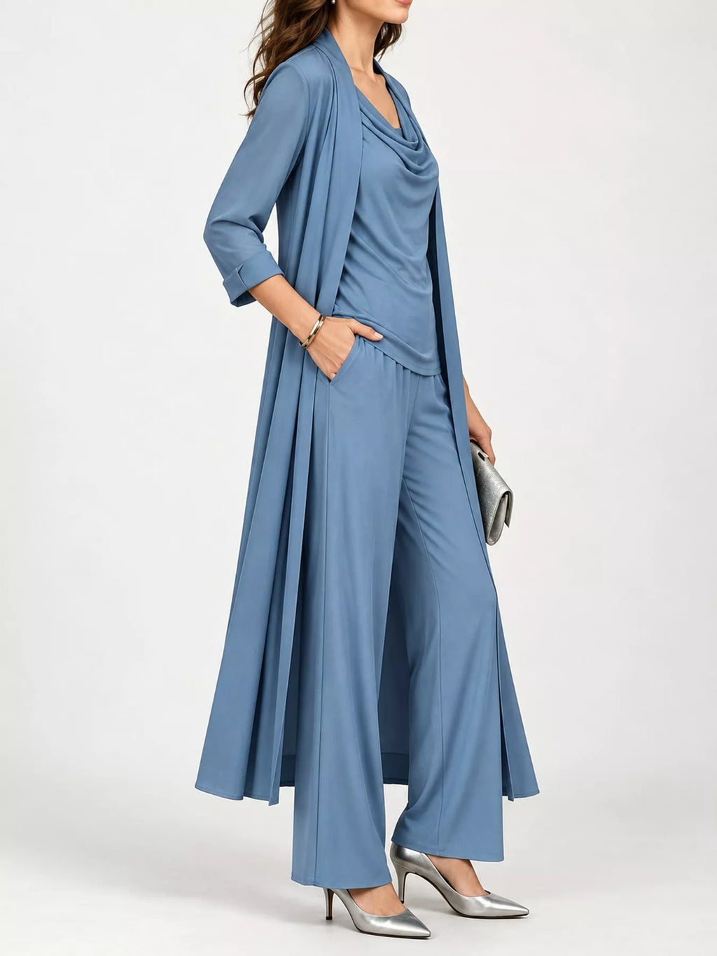 Cowl-Neck Top, Cardigan & Wide-Leg Pants Three-Piece Set