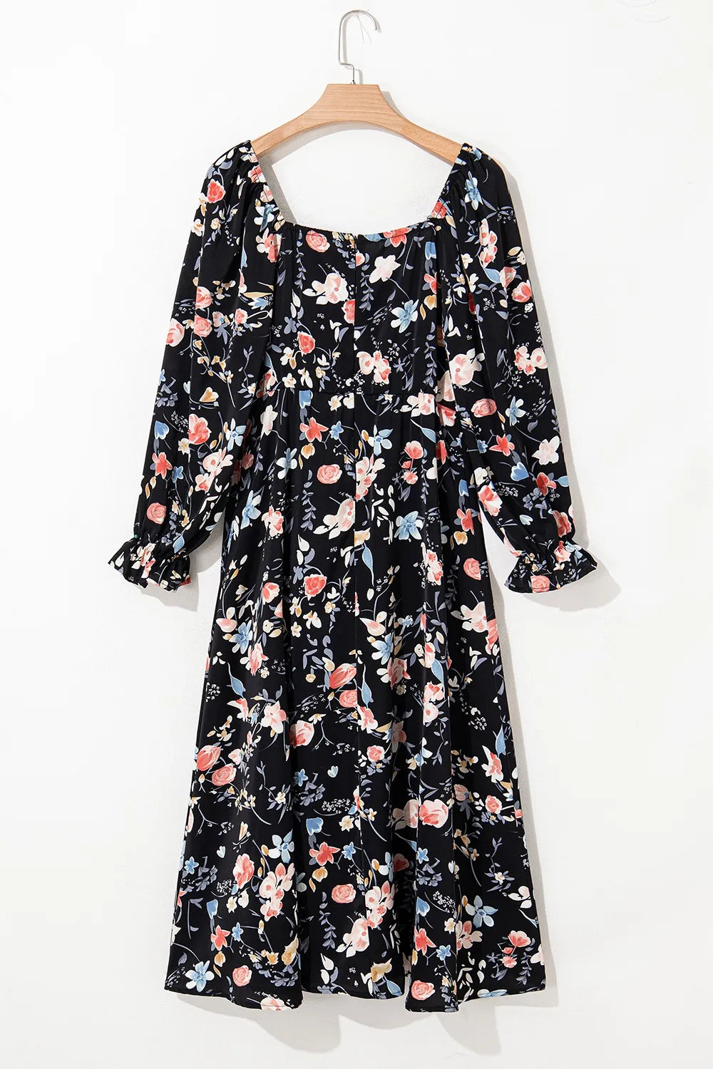 Floral Square-Neck Flounce-Sleeve Slit Midi Dress