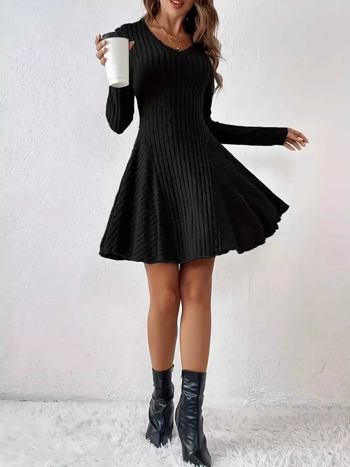 Long-Sleeve Ribbed Knit A-Line Mini Dress