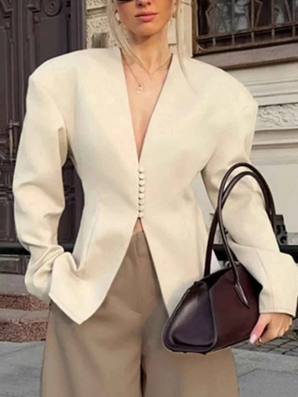 Beige Unlined V-Neck Button-Front Blazer