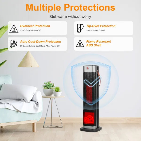 1500W Ceramic Tower Space Heater — 3D Flame Effect, 90° Oscillating, Remote Control & 12H Timer — Prime Trend Market