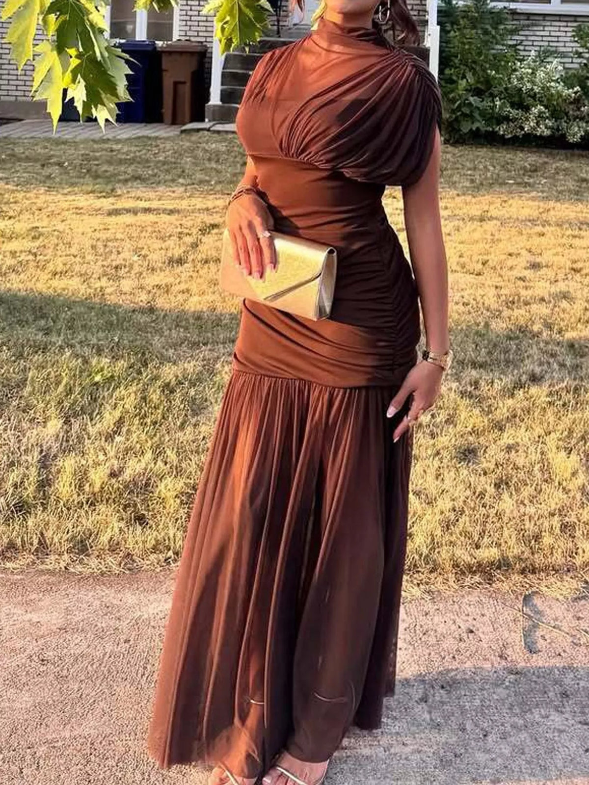 Mock-Neck Ruched Sheer Mesh Maxi Dress