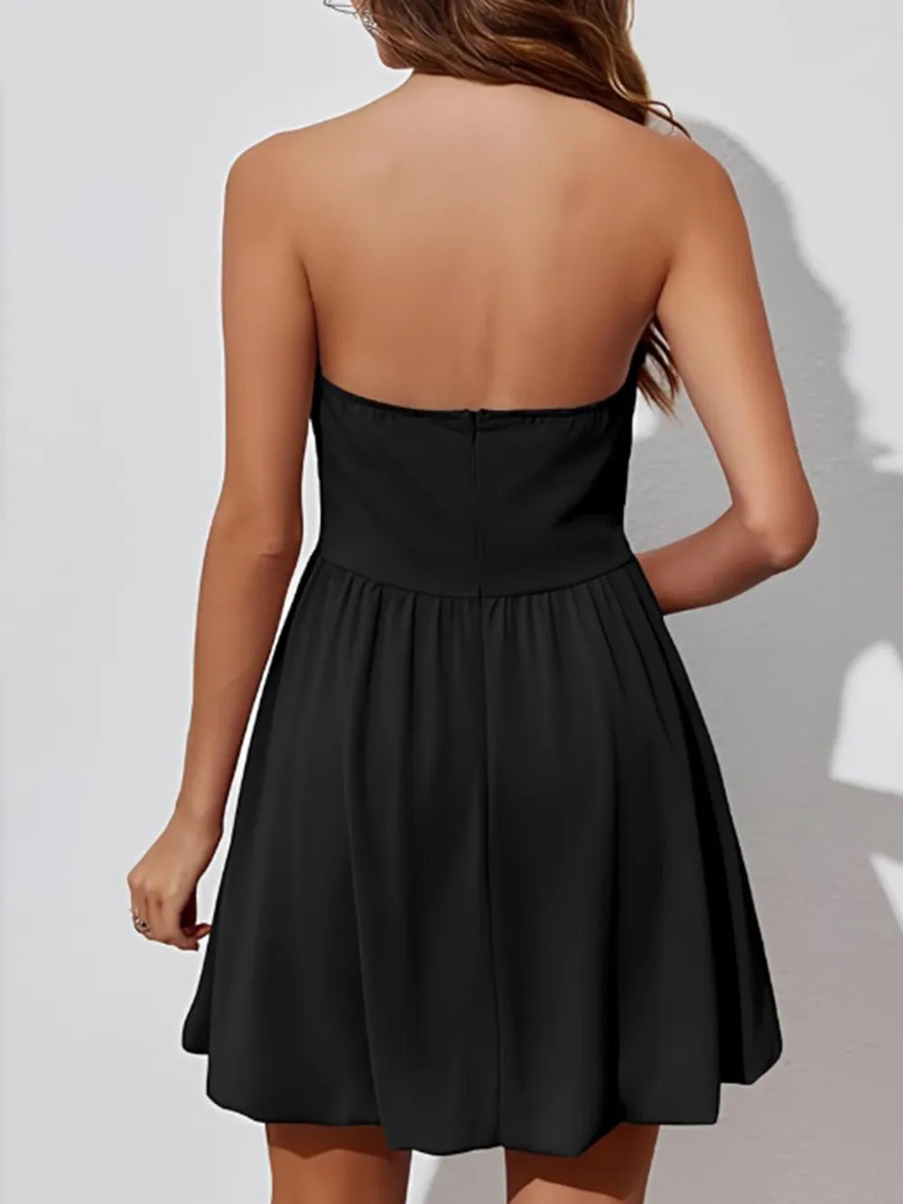 Black Ruched Strapless Mini Dress