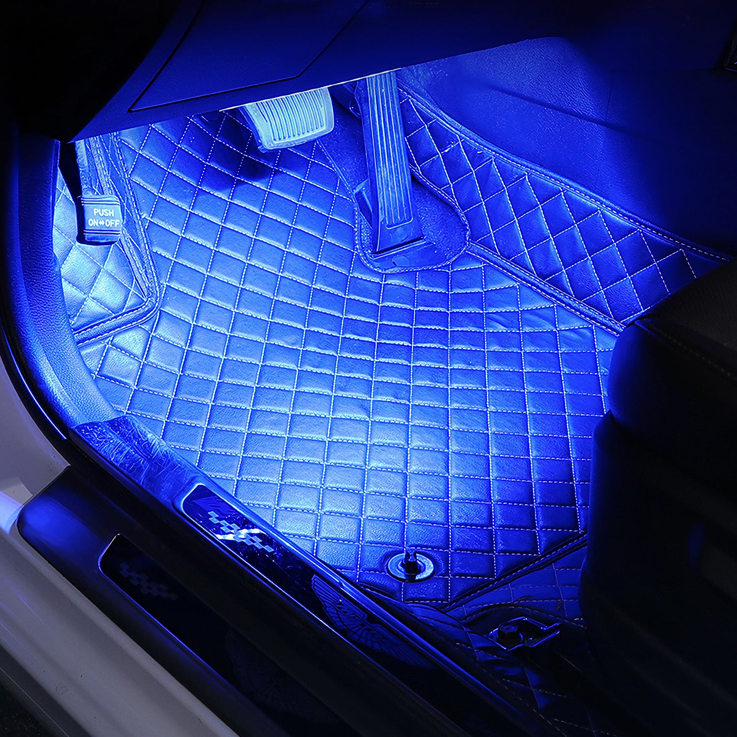 4Pcs Blue LED Car Interior Atmosphere Lights | DC 12V | 360° Adjustable | One-Button Control | Easy Install — Eliza & Tuan