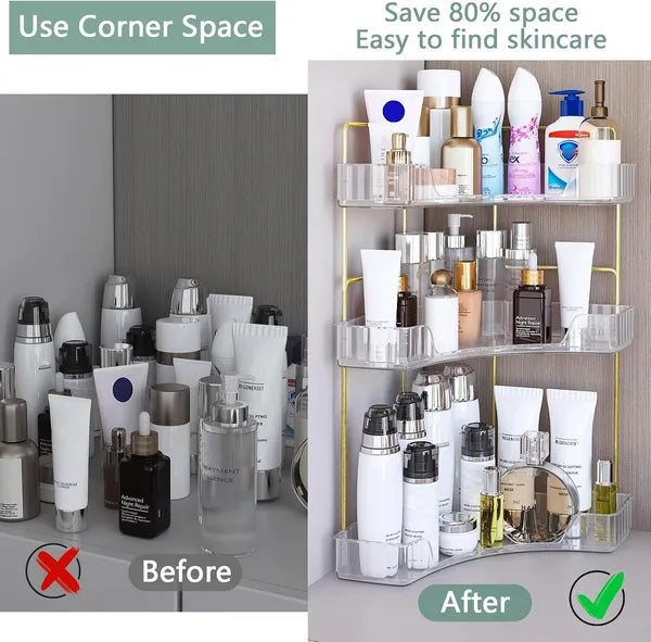 3-Tier Corner Bathroom Storage Rack — Clear Acrylic Countertop Organizer | Perfume & Cosmetic Tray — Prime Trend Market