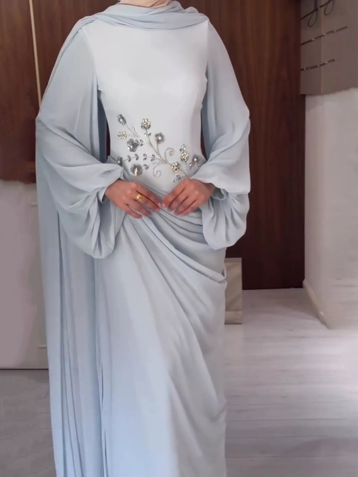 Floral-Embellished Long-Sleeve Ruched Evening Maxi Dress | S–3XL