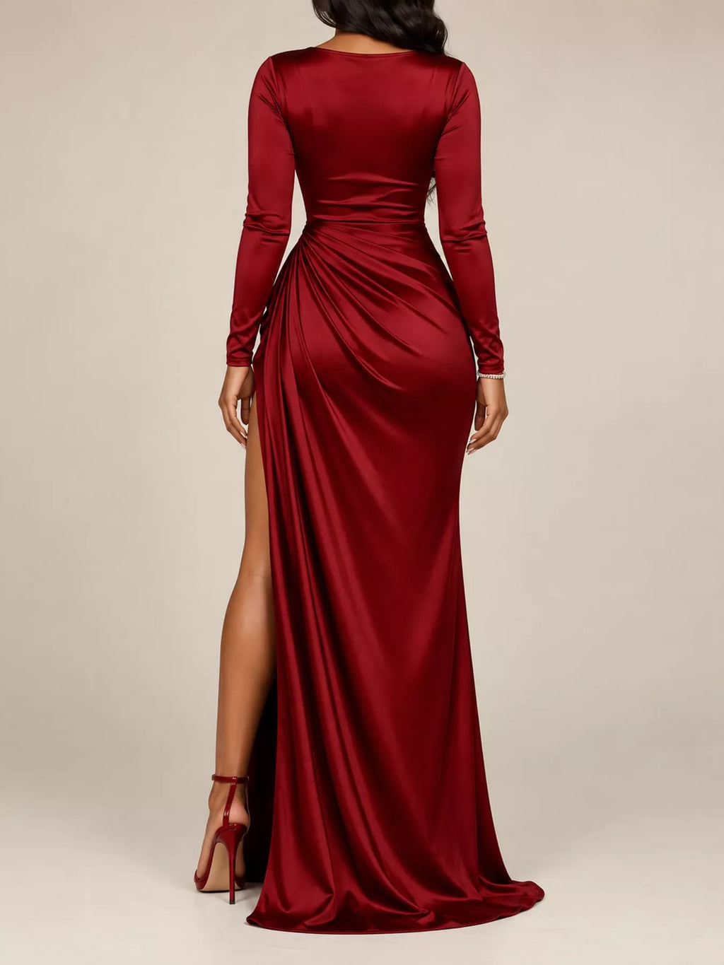 Satin Cowl-Neck Ruched High-Slit Maxi Dress
