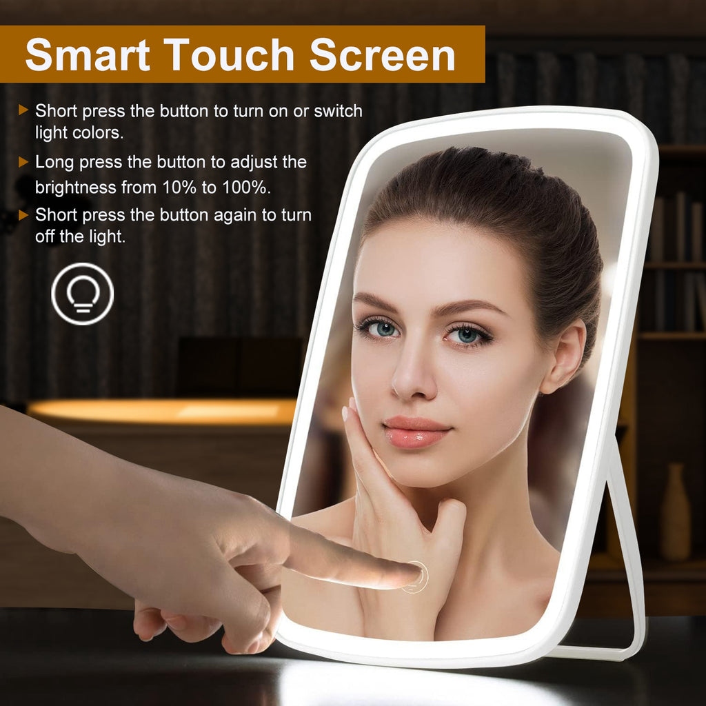 LED Lighted Makeup Vanity Mirror – 3 Light Colors, Touch Screen, USB Rechargeable | White — Eliza & Tuan