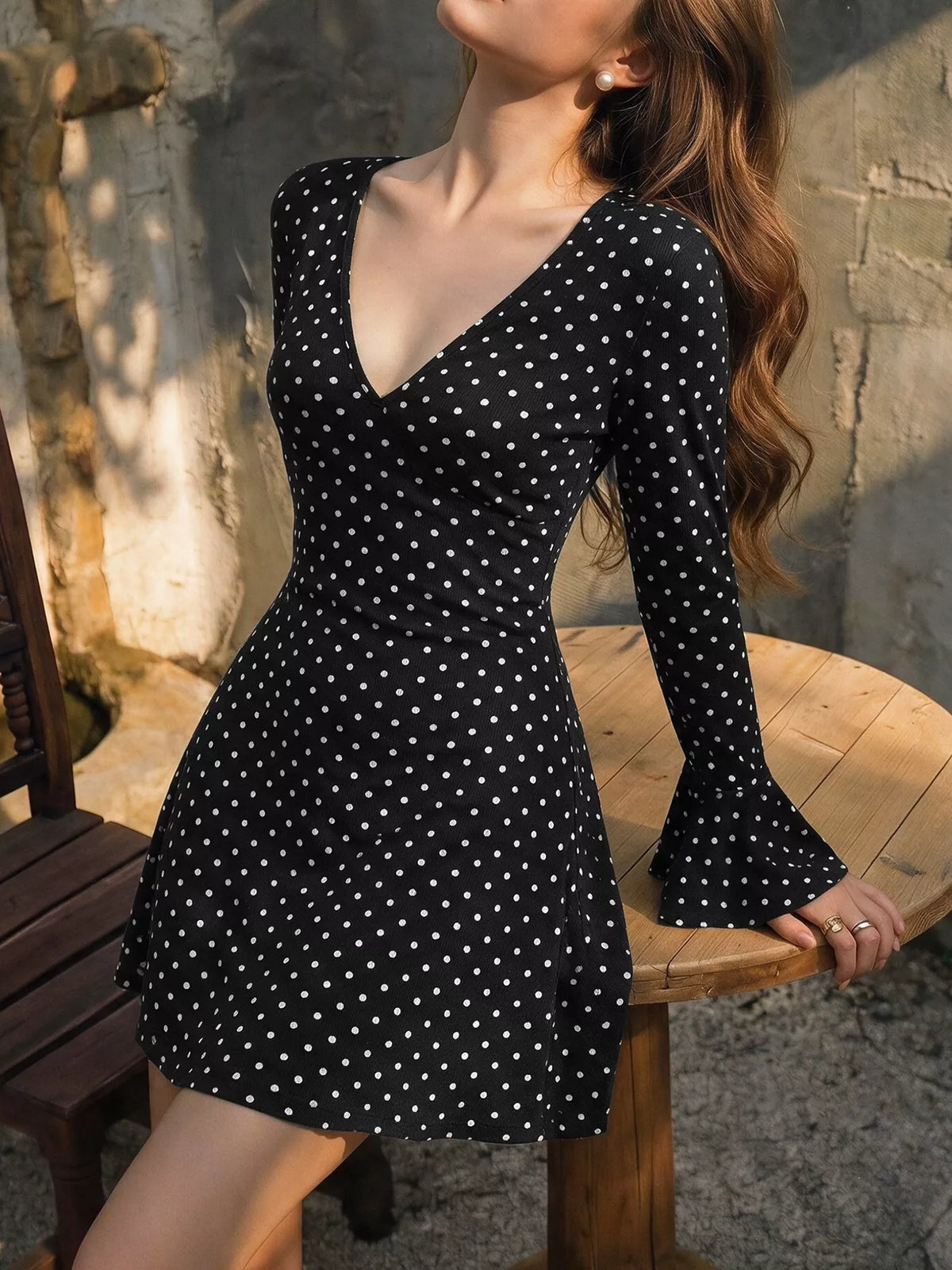 Black Polka-Dot V-Neck Tie-Back Mini Dress