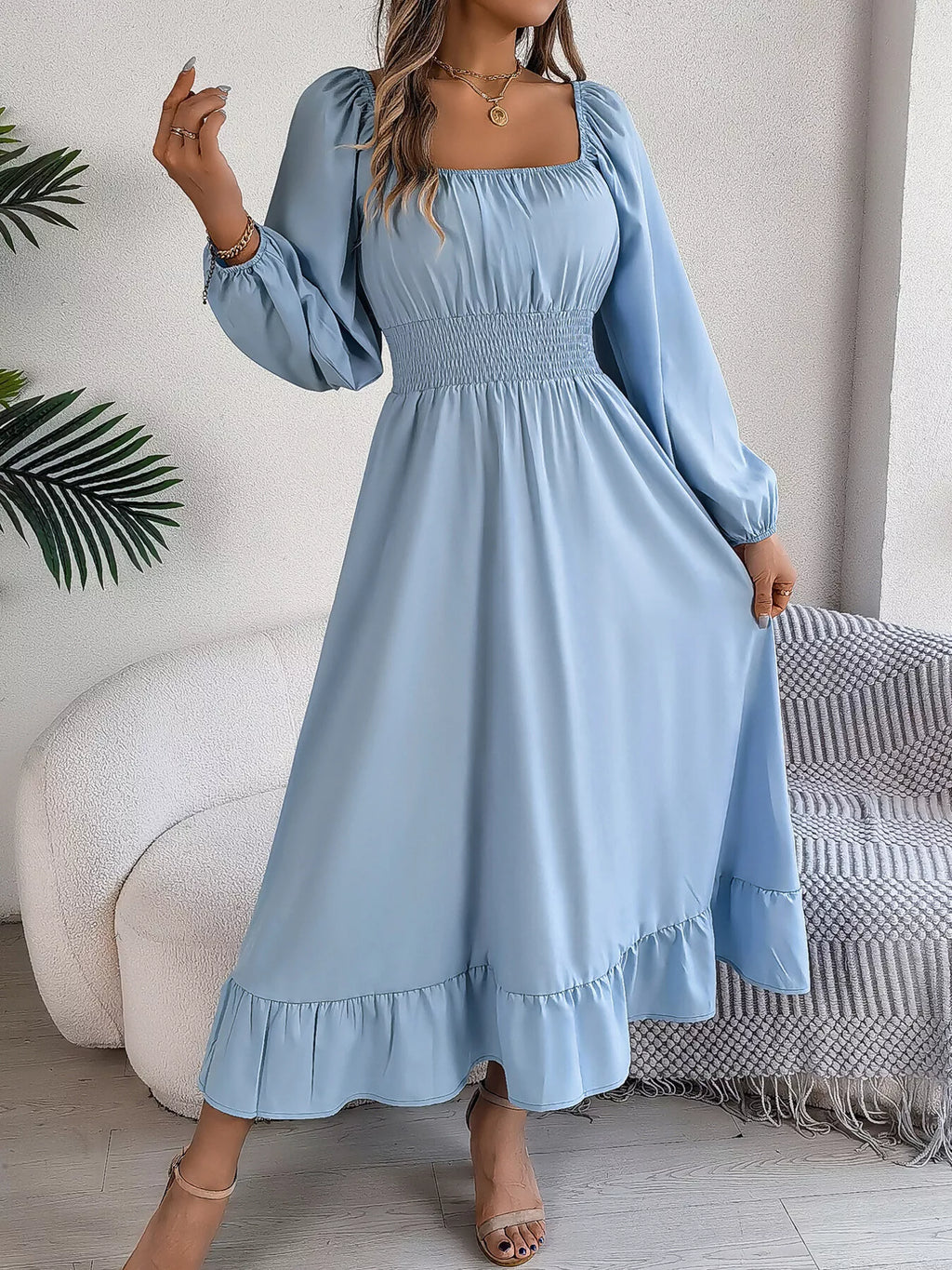 Square-Neck Smocked-Waist Long-Sleeve Midi Dress