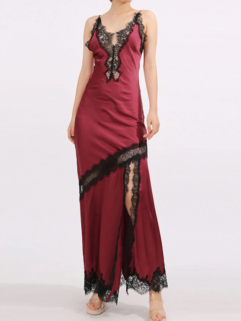 Burgundy Lace-Detail Slit Maxi Cami Dress