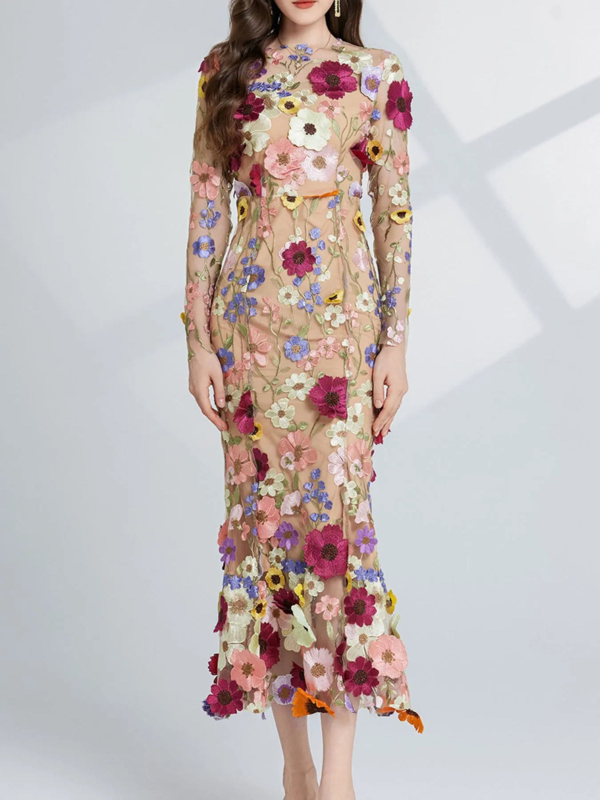 Floral-Embroidered Mesh Long-Sleeve Midi Dress