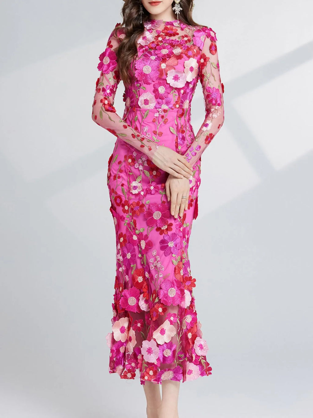 Floral-Embroidered Mesh Long-Sleeve Midi Dress