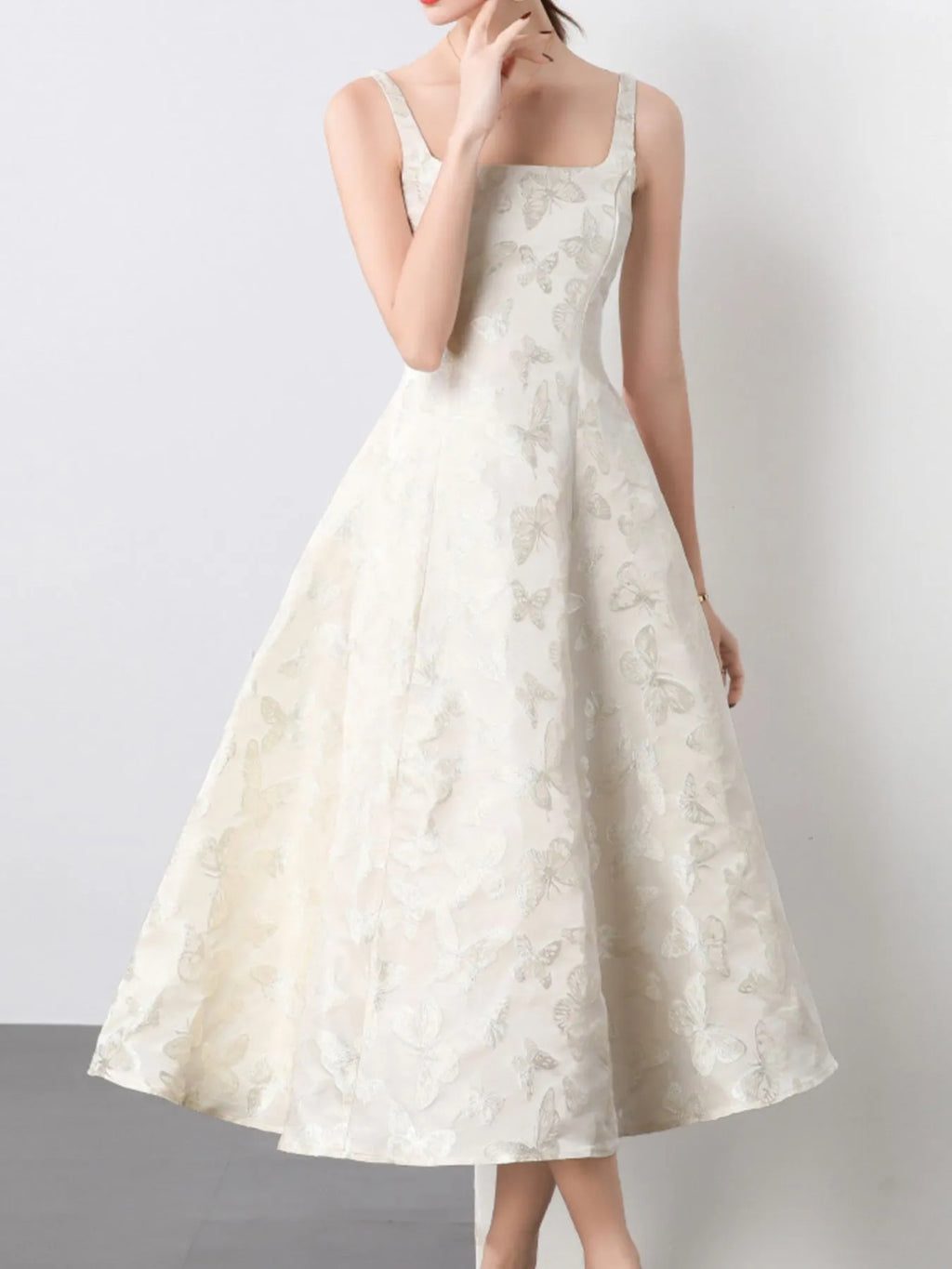 Apricot Butterfly-Embroidered Sleeveless A-Line Midi Dress