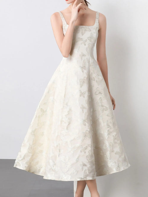 Apricot Butterfly-Embroidered Sleeveless A-Line Midi Dress