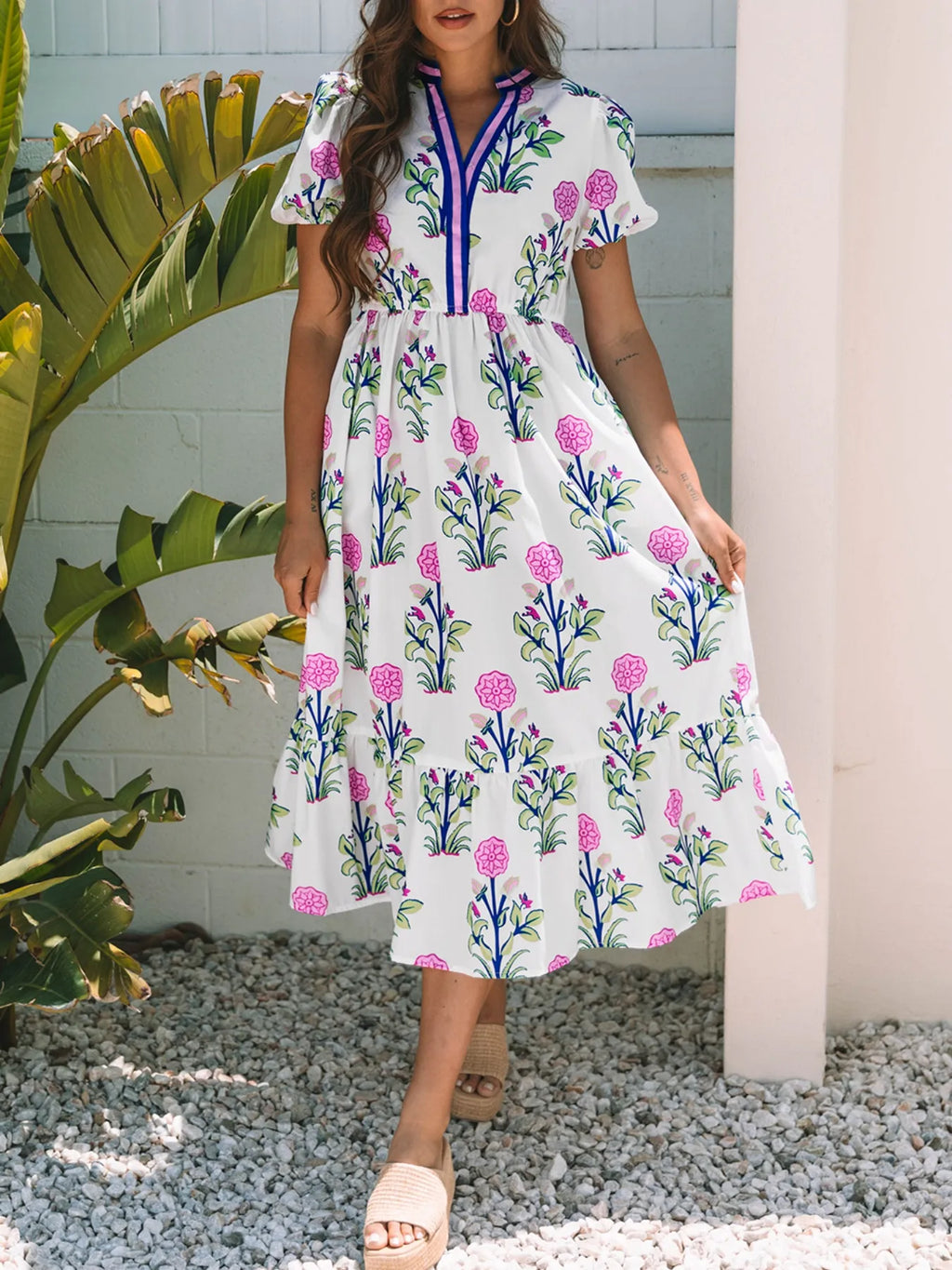 White Floral Short-Sleeve Tiered Midi Dress with Pockets