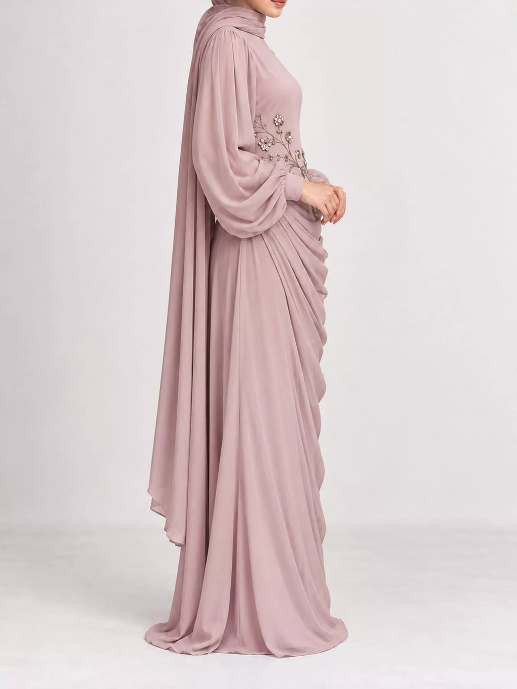 Floral-Embellished Long-Sleeve Ruched Evening Maxi Dress | S–3XL