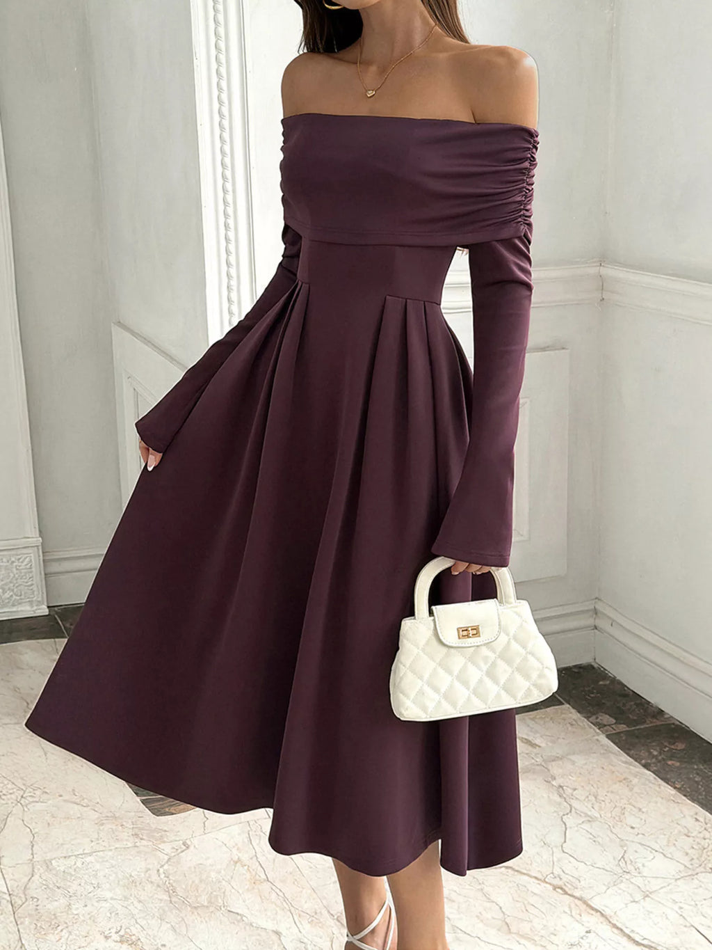 Off-Shoulder Long-Sleeve Midi Dress