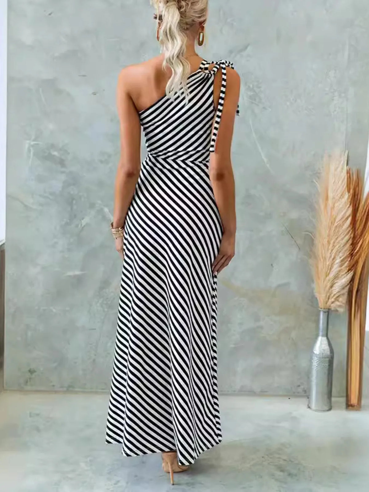 One-Shoulder Striped Tie-Detail Maxi Dress