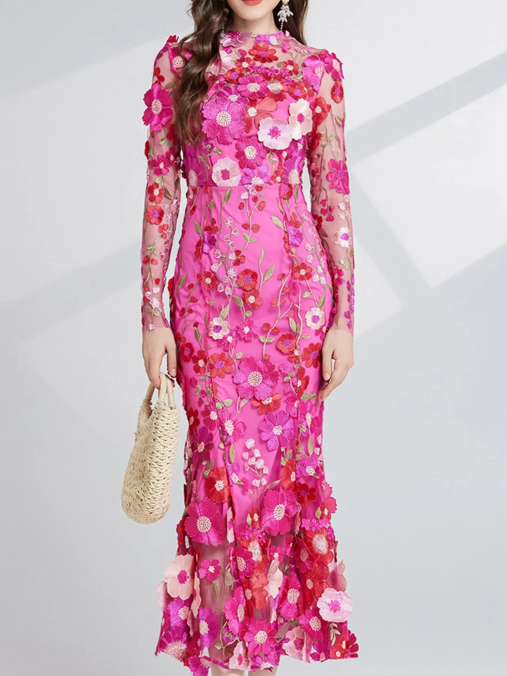 Floral-Embroidered Mesh Long-Sleeve Midi Dress