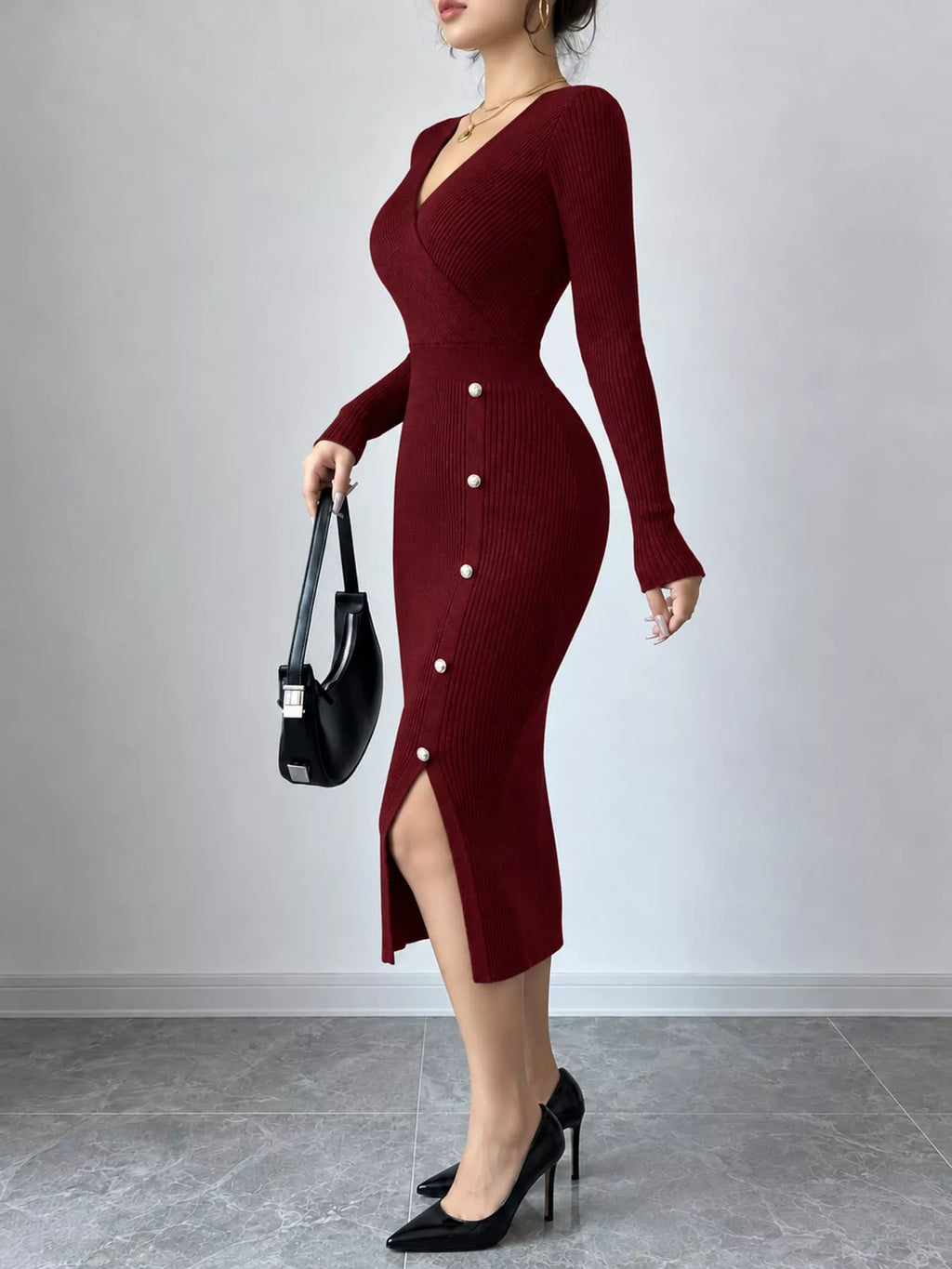 Ribbed Knit Sweater Dress with Decorative Buttons
