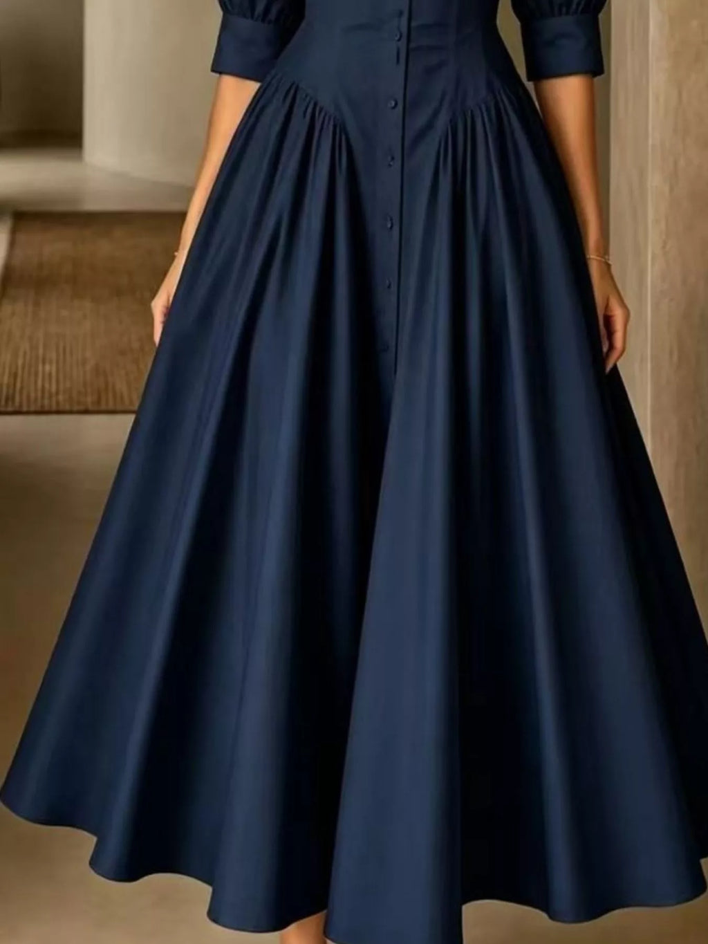Collared Cinched-Waist Button-Front Midi Dress