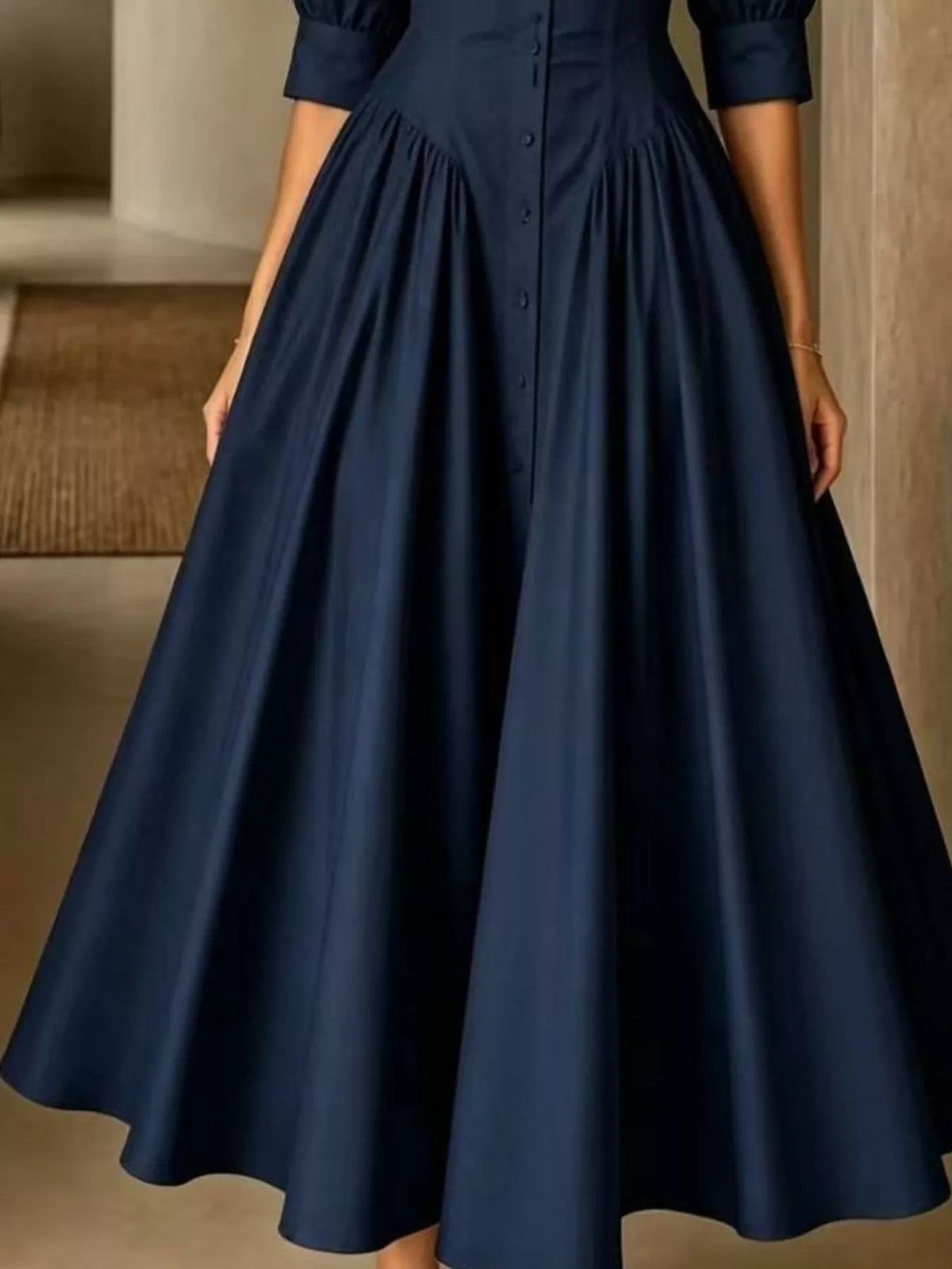Collared Cinched-Waist Button-Front Midi Dress