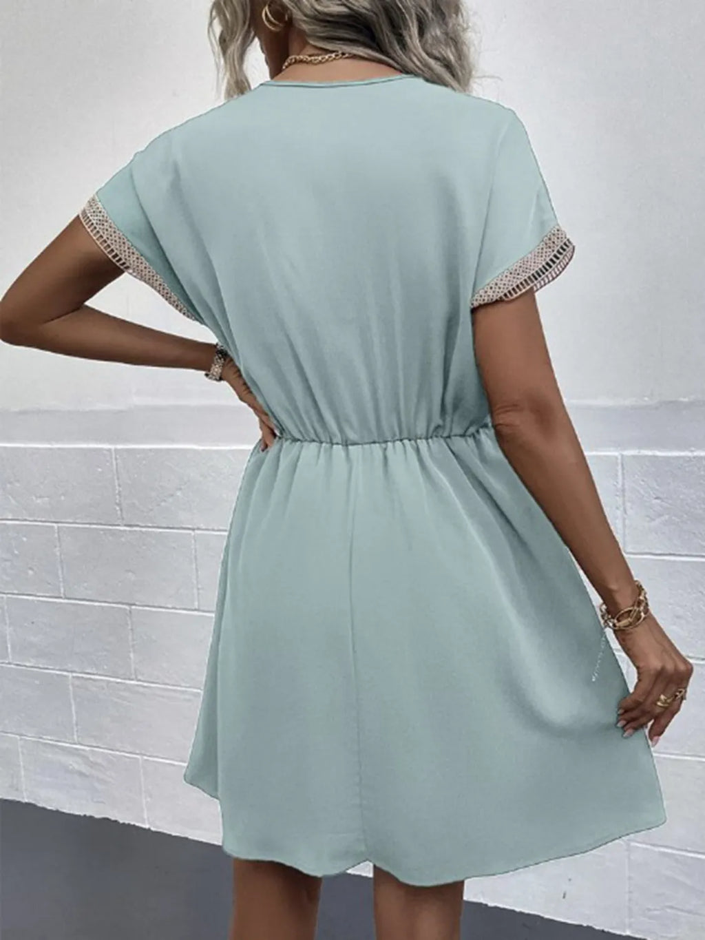 Contrast-Trim V-Neck Short-Sleeve Mini Dress