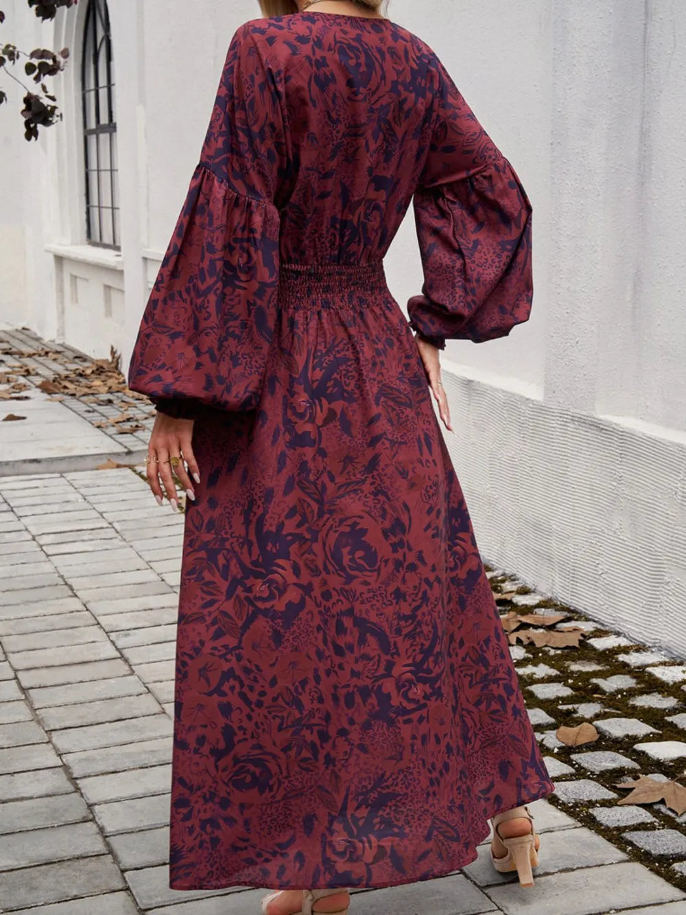 Devine Scarlet Floral Surplice Long-Sleeve Slit Dress