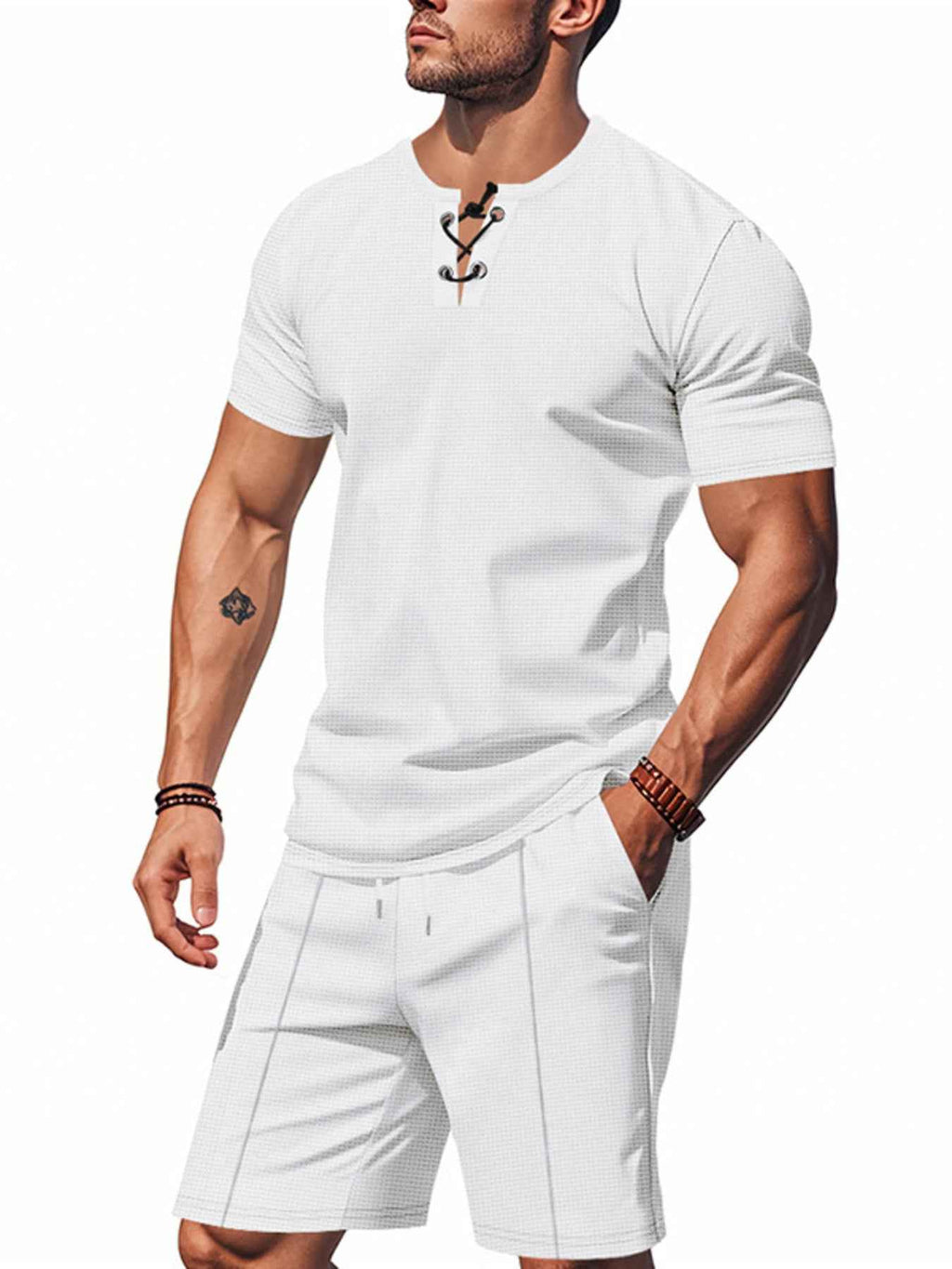 Men’s Lace-Up Short-Sleeve Top & Shorts Set