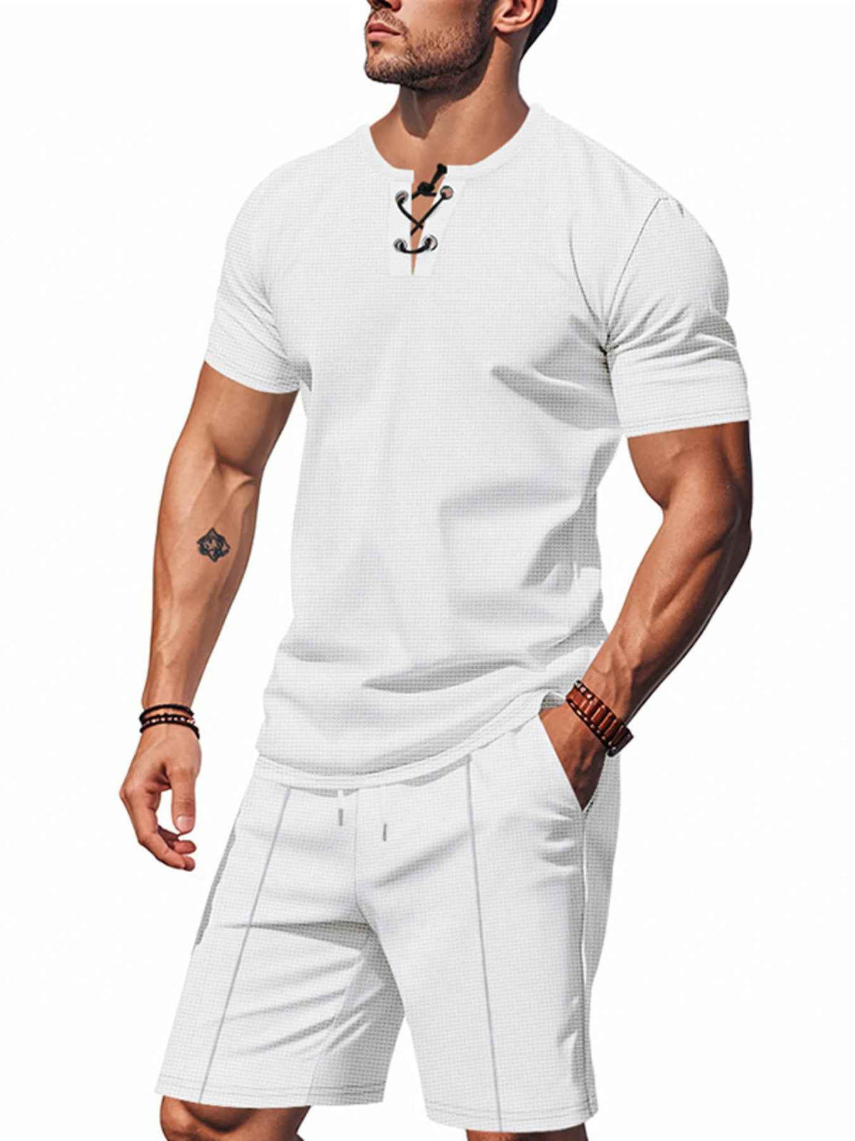Men’s Lace-Up Short-Sleeve Top & Shorts Set