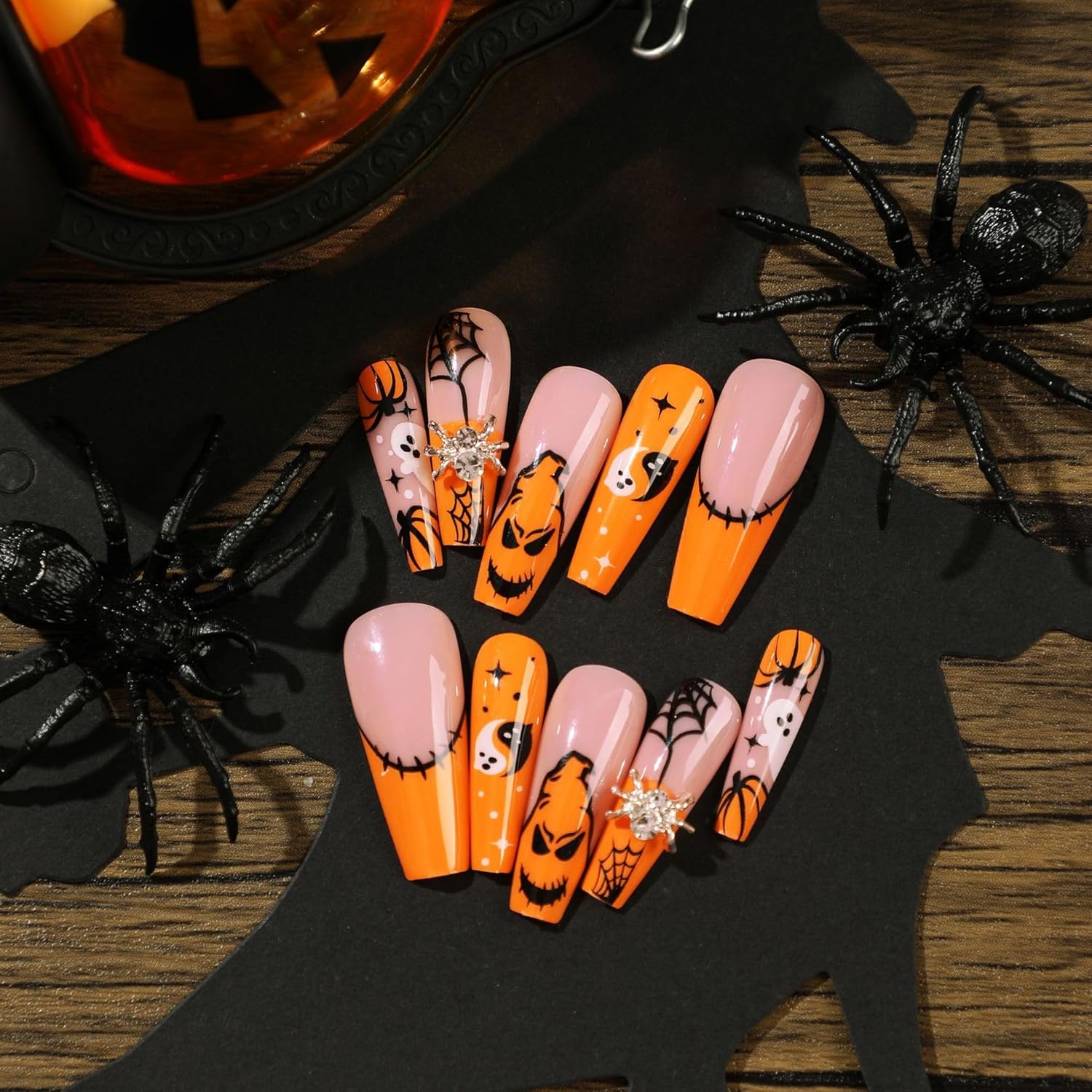Halloween Press-On Nails – 24 PCS Pumpkin Bat Ghost Spider | Almond Ballerina, Reusable Acrylic — Prime Trend Market