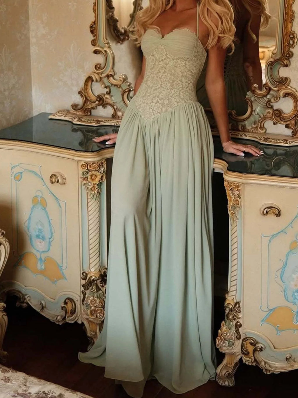 Lace Corset-Style Halter Maxi Dress